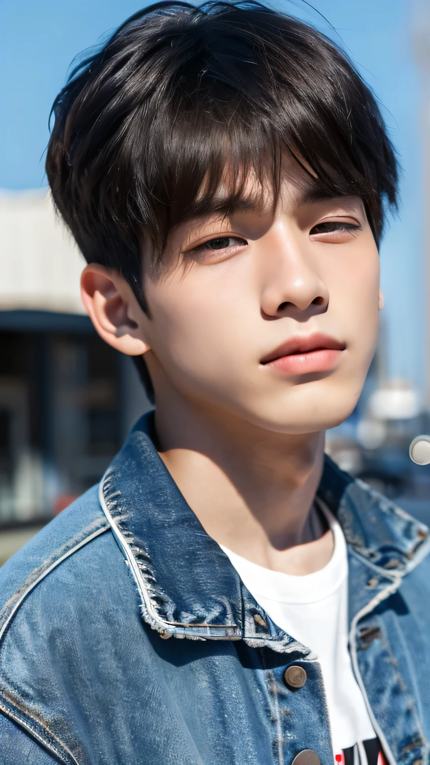 Highest quality, masterpiece, Ultra-high resolution, (Realistic: 1.4), Original photo, wallpaper, Head Photo, skin, Simple Background, Iris, detailed, Selfie, 1 boy, 18-year-old, good looking, Wind,Denim Jacket