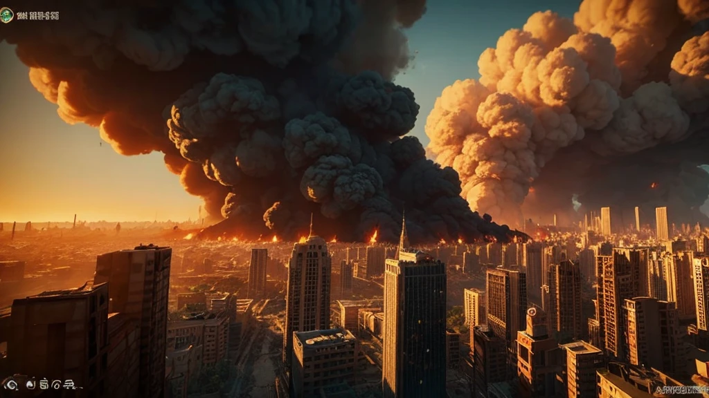 A picture taken from a video game shows a city destroyed by fire, city in ruins, fire, city on fire, dreamy, anime styled, background burned city, smoke clouds, lots of fire, dark