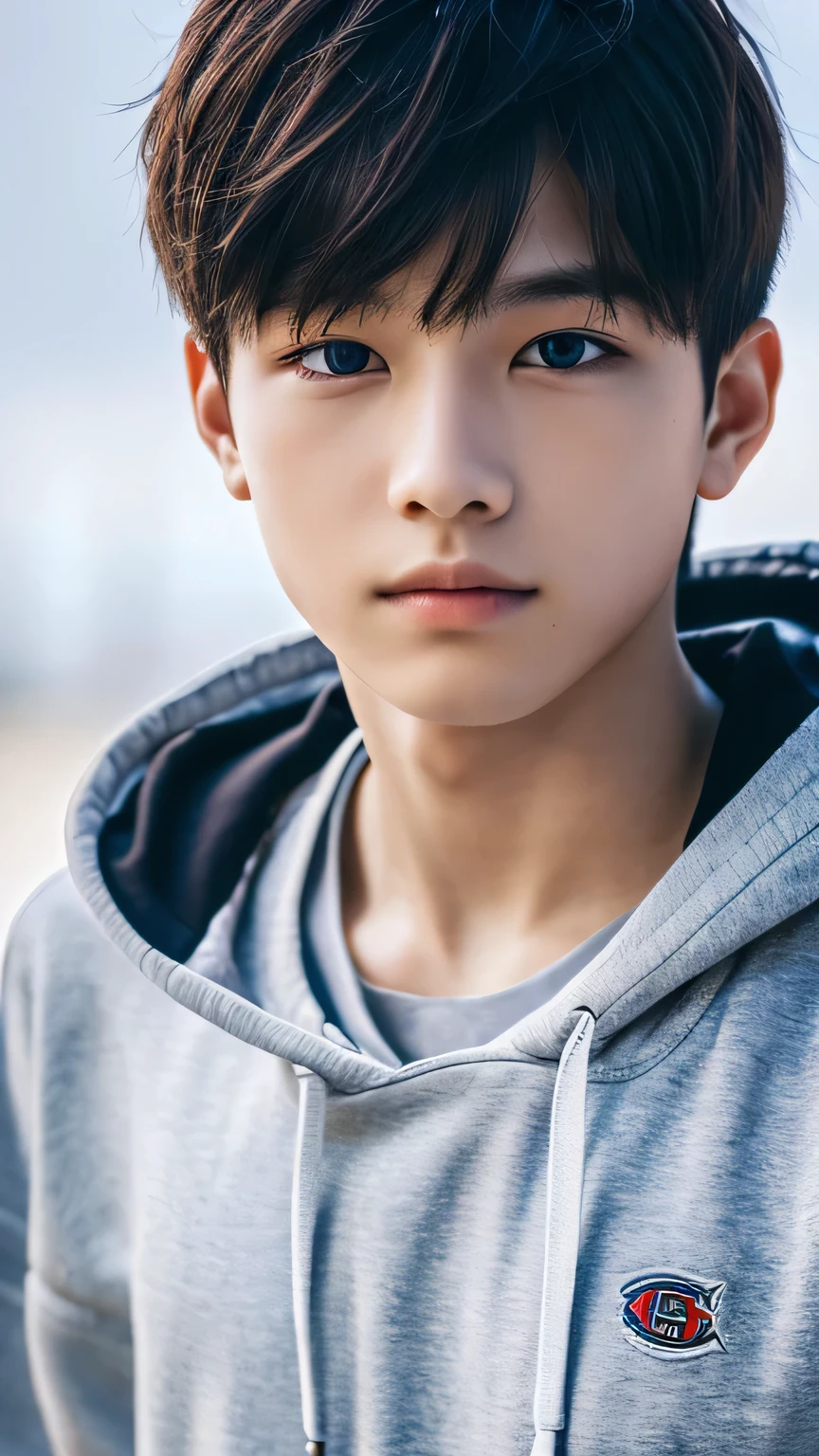 Highest quality, masterpiece, Ultra-high resolution, (Realistic: 1.4), Original photo, wallpaper, Head Photo, skin, Simple Background, Iris, detailed, Selfie, 1 boy, 18-year-old, good looking, Wind,hoodie