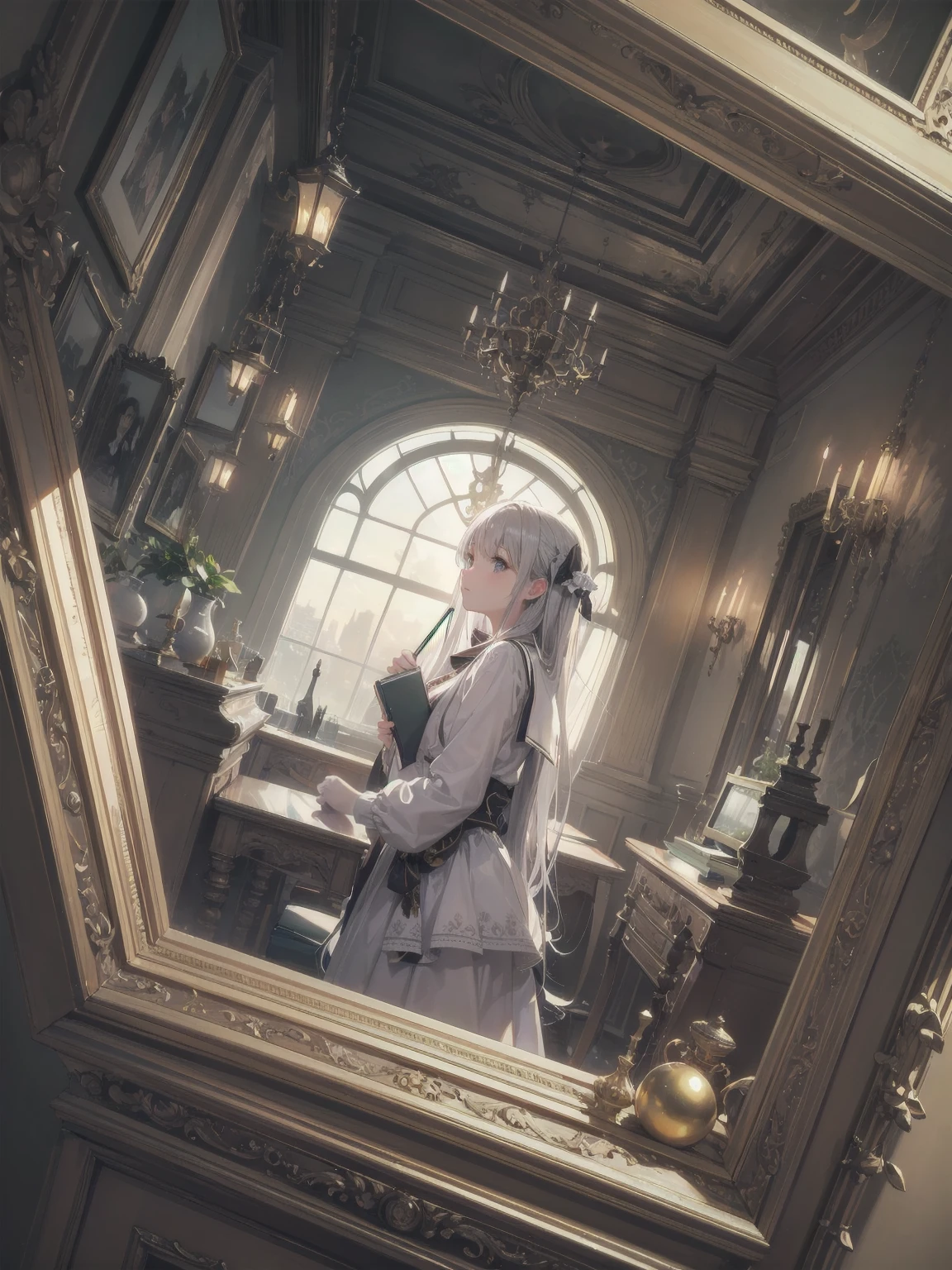 Masterpiece, illustration, high quality, 100 trillion ppi, high quality, dynamic angle, "student looking into silver sphere", silver sphere, looking into, curious, expectant, student, official art, super detail