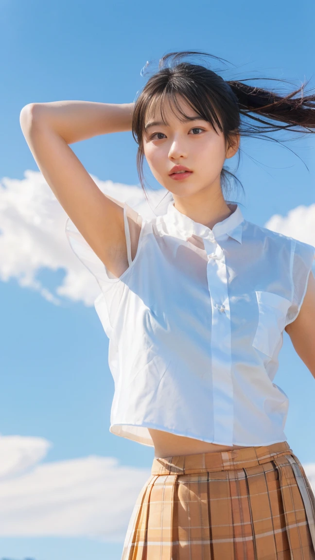 One Girl、Beautiful and detailed eyes and face、barefoot、Cute 16 year old Japanese girl, ((Extremely precise and accurate anatomy:1.0)), (photo Realistic:1.4), (hyper Realistic:1.4), (最高品質のRealisticな肌の質感:1.4), (Improvement of quality:1.4), (Enhances the beauty of skin texture:1.1), Clean and glowing skin, mesh, thin:1.2, (Realistic:1.3), Realisticなライティング, (Smoother lighting:1.05), (Improving the quality of cinema lighting:0.9), Backlight, A gentle light on your face, Ray Tracing, (Bright light:1.2), 32K, One Japanese woman, fine grain, Detailed face, (Film Grain:1.1),(Accentuates body lines:1.1), High resolution, Natural look, Kind eyes, Improves hair quality, Delicate light and shadow, Transparent muscles, Graceful pose, Beautiful Eyes, Sharp details, Soft light reflection, Beautiful contours, Delicate skin tone, Fine hair texture, Natural background, (((sunny day、School zone、A strong wind is blowing、Her hair and skirt are flying、 Open shirt、Pleated skirt、stroll:1.25、Light of the sun、Clear skies、stage、Blue sky and white clouds、The joys of youth)))、