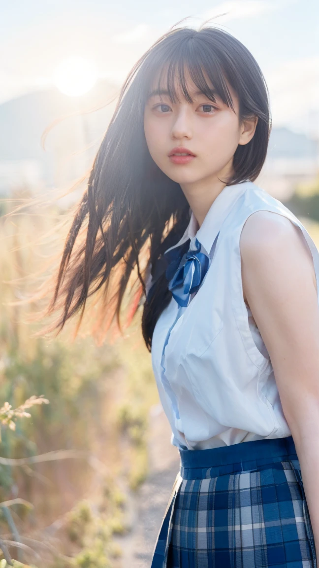 One Girl、Beautiful and detailed eyes and face、barefoot、Cute 16 year old Japanese girl, ((Extremely precise and accurate anatomy:1.0)), (photo Realistic:1.4), (hyper Realistic:1.4), (最高品質のRealisticな肌の質感:1.4), (Improvement of quality:1.4), (Enhances the beauty of skin texture:1.1), Clean and glowing skin, mesh, thin:1.2, (Realistic:1.3), Realisticなライティング, (Smoother lighting:1.05), (Improving the quality of cinema lighting:0.9), Backlight, A gentle light on your face, Ray Tracing, (Bright light:1.2), 32K, One Japanese woman, fine grain, Detailed face, (Film Grain:1.1),(Accentuates body lines:1.1), High resolution, Natural look, Kind eyes, Improves hair quality, Delicate light and shadow, Transparent muscles, Graceful pose, Beautiful Eyes, Sharp details, Soft light reflection, Beautiful contours, Delicate skin tone, Fine hair texture, Natural background, (((sunny day、School zone、A strong wind is blowing、Her hair and skirt are flying、 Open shirt、Pleated skirt、stroll:1.25、Light of the sun、Clear skies、stage、Blue sky and white clouds、The joys of youth)))、