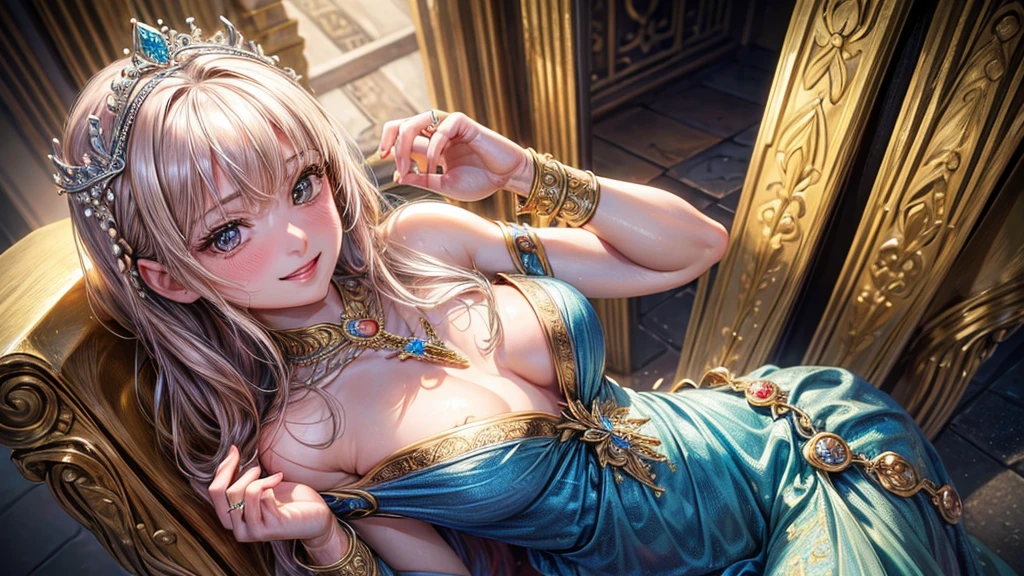 (masterpiece, Highest quality:1.3), (Super detailed:1.4),(Super detailed顔:1.2),(Super detailed目:1.2), (hyperRealistic:1.3), (RAW Photos:1.2), High-definition RAW color photos, Professional photos, (PhotoRealistic:1.4), (Realistic:1.4),8k,Professional Lighting, Perfect Anatomy, BREAK,small breasts,(blush),(Bright smile:1.2), High detail, Sharp focus, dramatic,dutch angle,Medieval Princess,Inside the temple,Offering prayers,gem,ring,necklace,Blue Dress,crystal