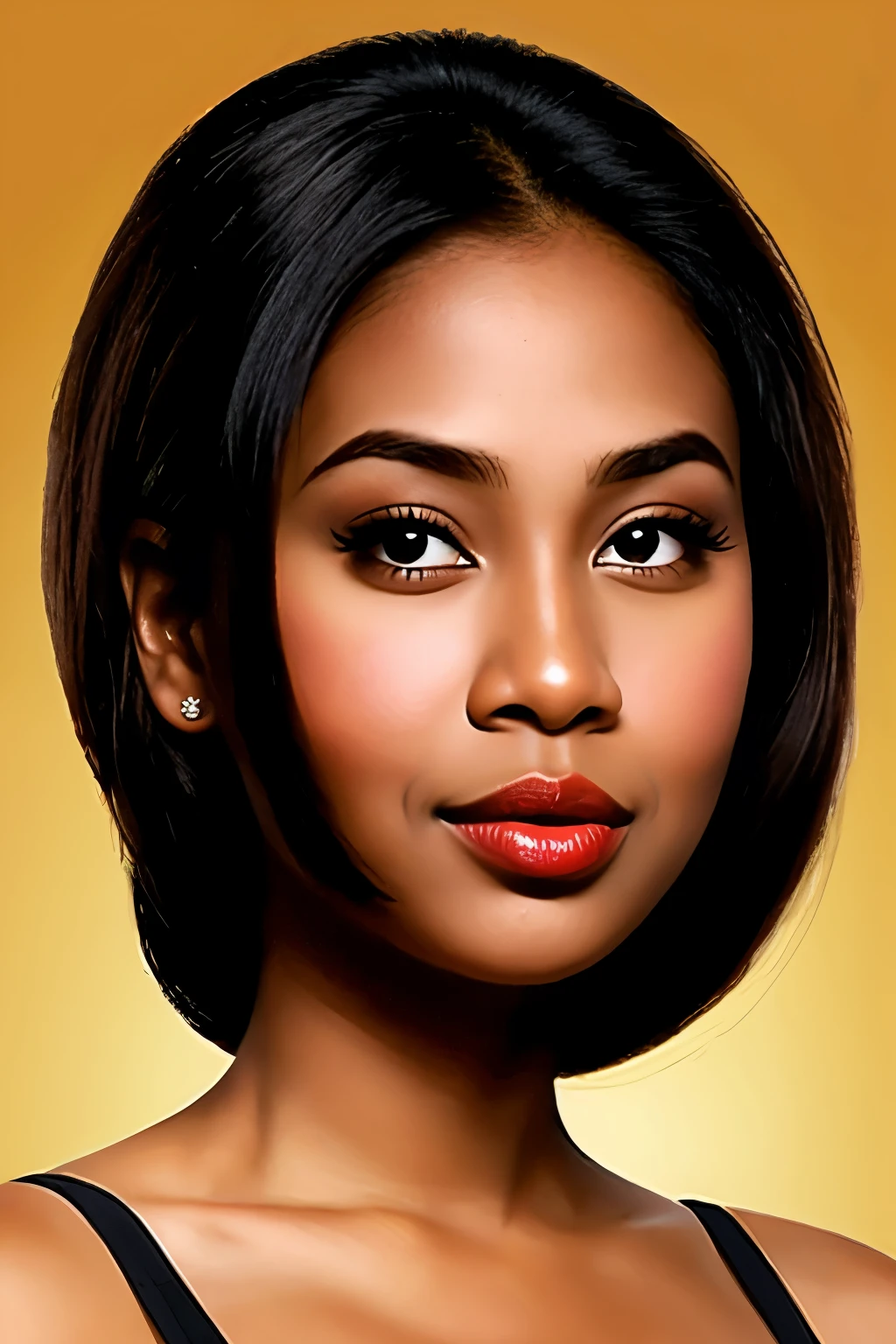 caricature of a woman with brown skin, small eyes, loose black goatee, smooth and long full lips round face beautiful and chubby...