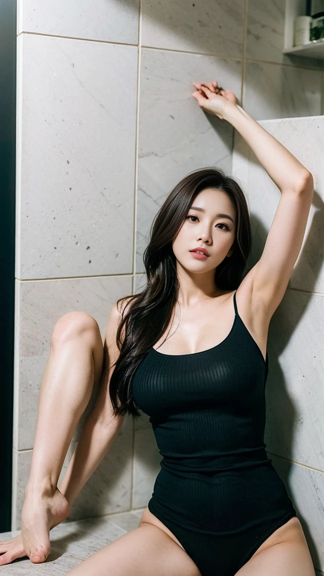 dark brown hair、Light brown eyes、Japanese actress、Lady、I am about 40 years old.....、(My NTR More about my category:1.2)、(top-qual私ty:1.4)、 (Ultra-high resolution:1.2)、Ultra-high resolution、(Private Detective Data)、(Detailed facial features)、Hmph、8K resolut私on、D cup breasts、Long Hair、Obscene pose、Beautiful feet、Leaning against a wall、Bend only one leg、stretched one leg、Please lift your chin up a little、Expressions of sadness、、black one piece、A refreshing bathroom bathed in morning sunlight、2Booklegs、2Book Hand、Beautiful feet、White knitted crop top、White marble wall、