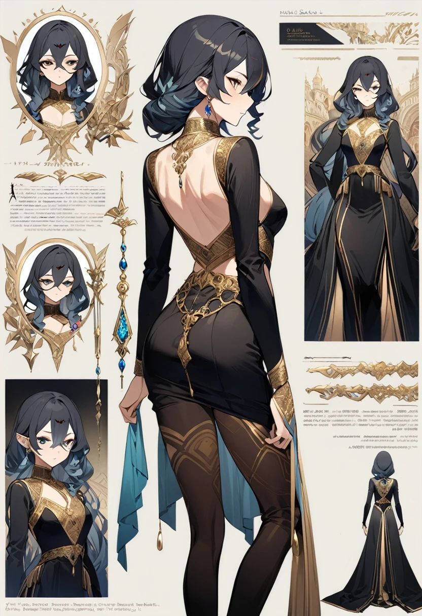 (Masterpiece, best quality), detailed, 1girl, ((character concept art)), ((character design sheet, same character, front, side, back)), many items, (Layla has long, black hair with golden streaks, and her eyes are a mesmerizing gold. She wears a dancer’s outfit adorned with jewels and intricate patterns, along with a veil that she can use to blend into the desert sands. She is skilled with a pair of elegant daggers. full of details.