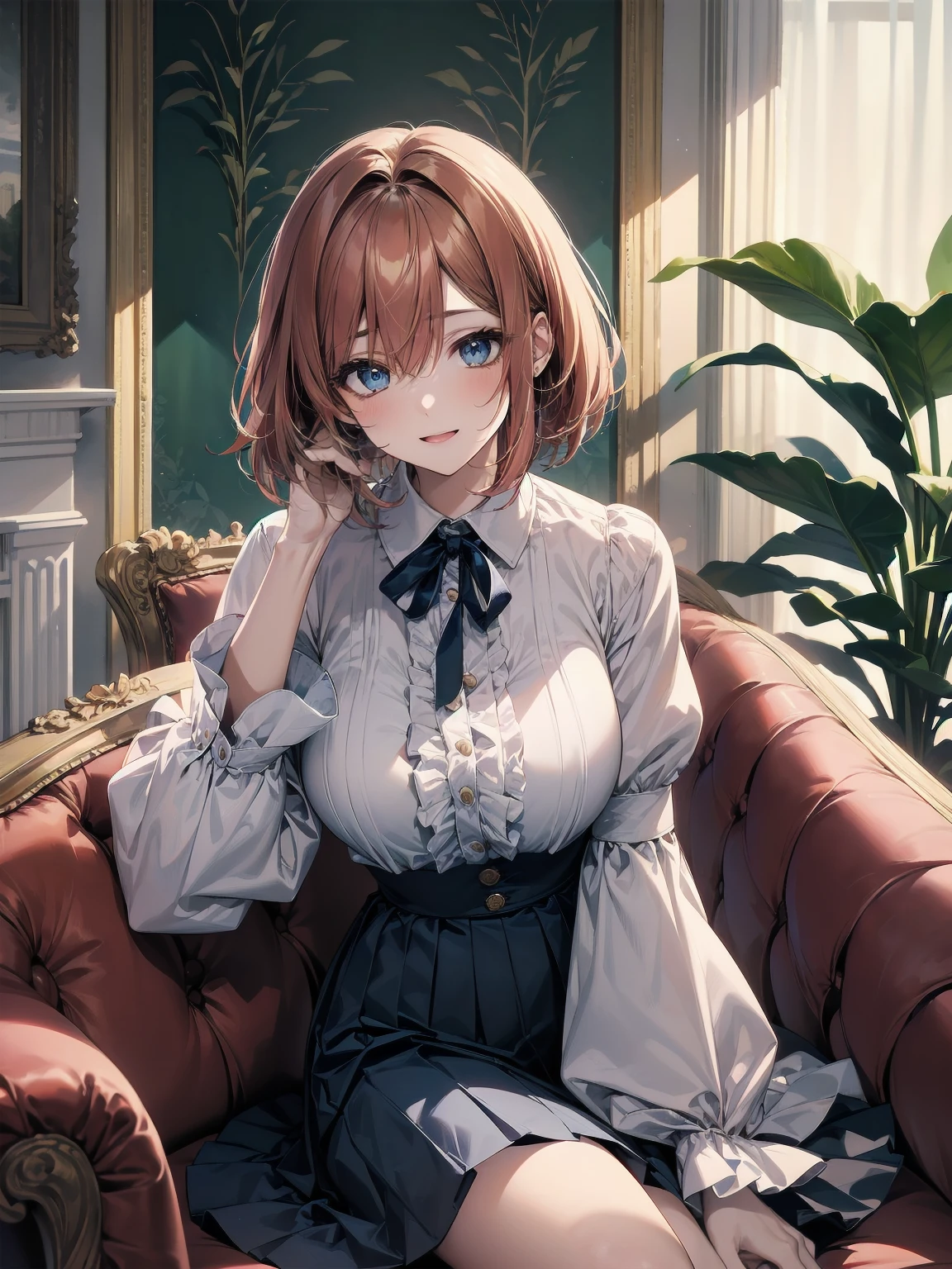 Scene Description: - Composition: Portrait. Focus on the face. Shot from the front. - Subject: Cute girl. (Chibi:1.1). Real person. - Features: - Face: (Cute round face:1.2). - Eyes: Detailed dark blue eyes. - Hair: One-leg bob-cut hair down the front with a large ribbon hairpiece, (golden hair), (red inner hair), auburn hair, hair between the eyes. - Body: Detailed slender body. Large breasts. - Clothing: Pink ruffled blouse, flares, blue ribbon tie, long ruffled sleeves, layered skirt. - Expression: happy expression. Mouth open. - Pose: head tilted back. She is looking at the viewer. - Background: living room of a trendy café. - Elements: Houseplants. Cute pastel sofa. Cute pastel curtains. Cute pastel-colored wallpaper. Time: Daytime. Lighting: (Natural light: 1.4). Art Style: Watercolor. Traditional media. Quality: Intricate details. Highly detailed. Outstanding complexity. (Masterpiece: 1.2). (Highest quality: 1.2). (Absurd absolute resolution: 1.4). Mood: Calm,