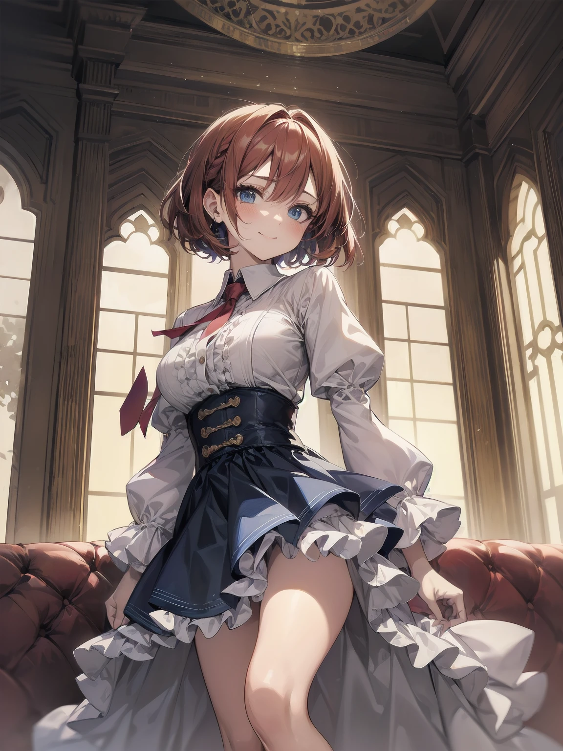 Scene Description: - Composition: Portrait. Focus on the face. Shot from the front. - Subject: Cute girl. (Chibi:1.1). Real person. - Features: - Face: (Cute round face:1.2). - Eyes: Detailed dark blue eyes. - Hair: One-leg bob-cut hair down the front with a large ribbon hairpiece, (golden hair), (red inner hair), auburn hair, hair between the eyes. - Body: Detailed slender body. Large breasts. - Clothing: Pink ruffled blouse, flares, blue ribbon tie, long ruffled sleeves, layered skirt. - Expression: happy expression. Mouth open. - Pose: head tilted back. She is looking at the viewer. - Background: living room of a trendy café. - Elements: Houseplants. Cute pastel sofa. Cute pastel curtains. Cute pastel-colored wallpaper. Time: Daytime. Lighting: (Natural light: 1.4). Art Style: Watercolor. Traditional media. Quality: Intricate details. Highly detailed. Outstanding complexity. (Masterpiece: 1.2). (Highest quality: 1.2). (Absurd absolute resolution: 1.4). Mood: Calm,