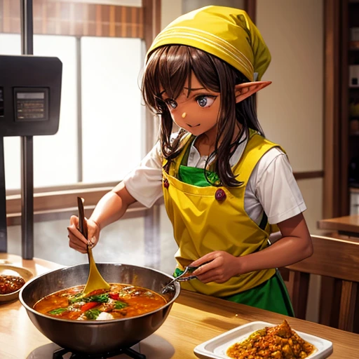 A brown-skinned elf making curry at a curry restaurant