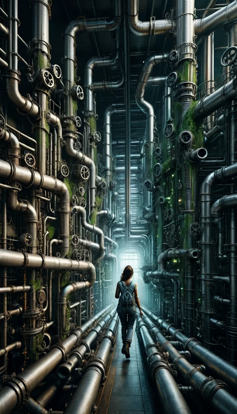 pipe jungle, industrial pipes, architecture made up of pipes and valves, tubular creature, vertical wallpaper, Huge maze of pipes spread highly inside the factory, steam blowing out, A female worker is climbing up the pipes, POV, in the glow of soft, cinematic light