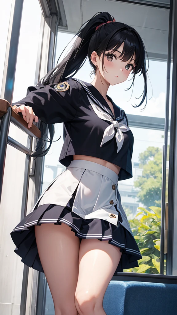 17 years old、beautiful girl、ponytail、Black Hair、Sailor suit、mini skirt、Thigh coordination、angle from below
