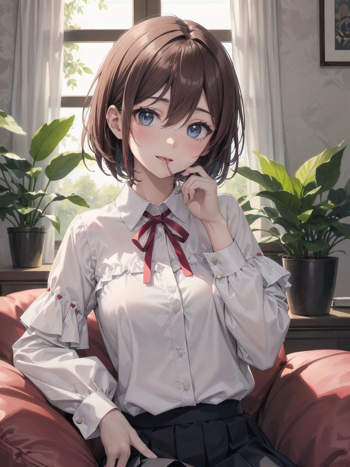 Scene Description: - Composition: Portrait. Focus on the face. Shot from the front. - Subject: Cute girl. (Chibi:1.1). Real person. - Features: - Face: (Cute round face:1.2). - Eyes: Detailed dark blue eyes. - Hair: One-leg bob-cut hair down the front with a large ribbon hairpiece, (golden hair), (red inner hair), auburn hair, hair between the eyes. - Body: Detailed slender body. Large breasts. - Clothing: Pink ruffled blouse, flares, blue ribbon tie, long ruffled sleeves, layered skirt. - Expression: happy expression. Mouth open. - Pose: head tilted back. She is looking at the viewer. - Background: living room of a trendy café. - Elements: Houseplants. Cute pastel sofa. Cute pastel curtains. Cute pastel-colored wallpaper. Time: Daytime. Lighting: (Natural light: 1.4). Art Style: Watercolor. Traditional media. Quality: Intricate details. Highly detailed. Outstanding complexity. (Masterpiece: 1.2). (Highest quality: 1.2). (Absurd absolute resolution: 1.4). Mood: Calm,