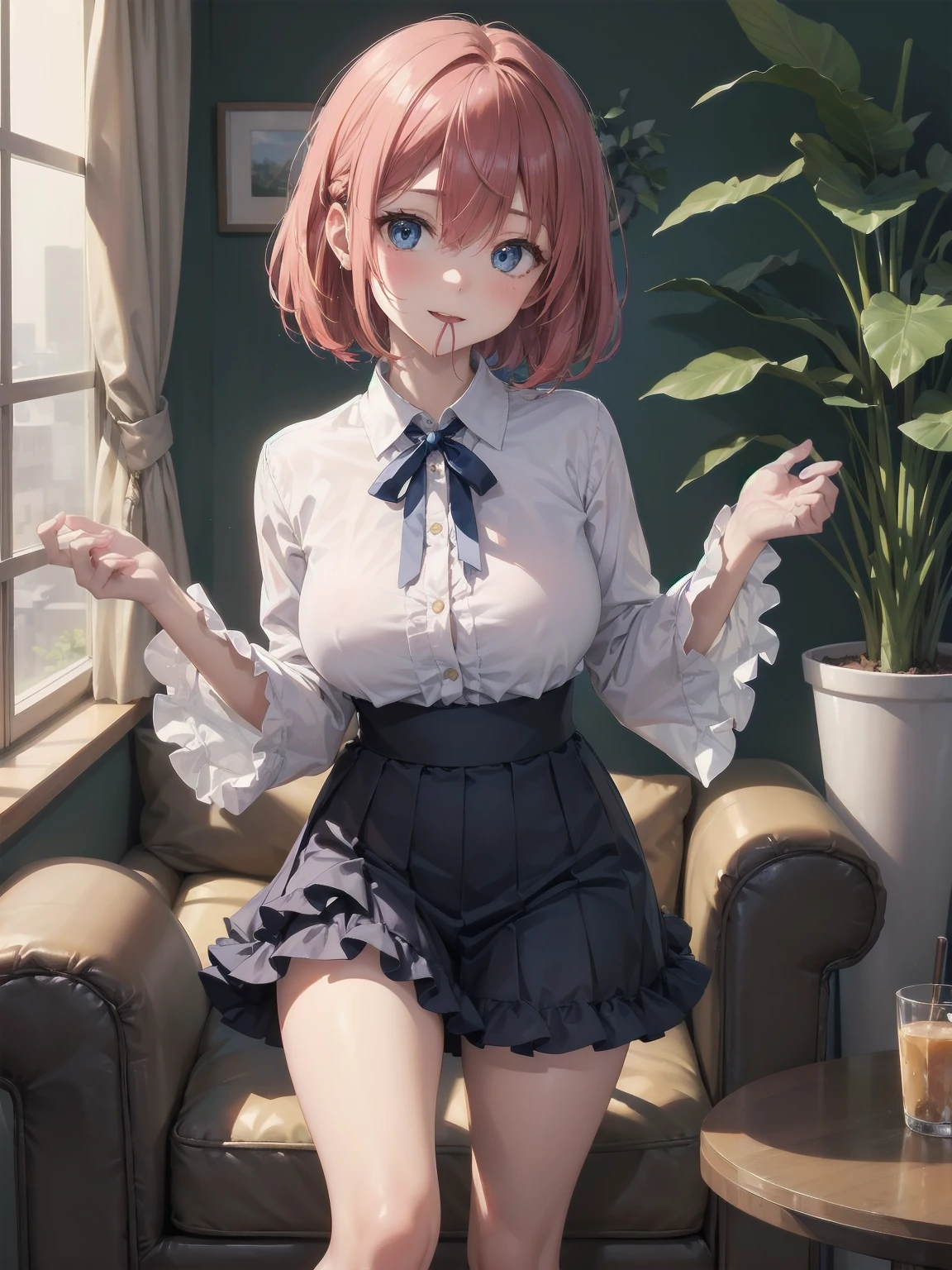 Scene Description: - Composition: Portrait. Focus on the face. Shot from the front. - Subject: Cute girl. (Chibi:1.1). Real person. - Features: - Face: (Cute round face:1.2). - Eyes: Detailed dark blue eyes. - Hair: One-leg bob-cut hair down the front with a large ribbon hairpiece, (golden hair), (red inner hair), auburn hair, hair between the eyes. - Body: Detailed slender body. Large breasts. - Clothing: Pink ruffled blouse, flares, blue ribbon tie, long ruffled sleeves, layered skirt. - Expression: happy expression. Mouth open. - Pose: head tilted back. She is looking at the viewer. - Background: living room of a trendy café. - Elements: Houseplants. Cute pastel sofa. Cute pastel curtains. Cute pastel-colored wallpaper. Time: Daytime. Lighting: (Natural light: 1.4). Art Style: Watercolor. Traditional media. Quality: Intricate details. Highly detailed. Outstanding complexity. (Masterpiece: 1.2). (Highest quality: 1.2). (Absurd absolute resolution: 1.4). Mood: Calm,