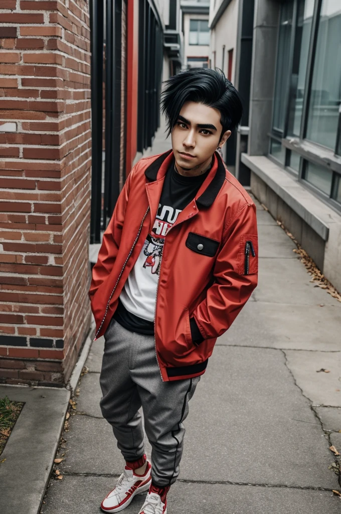 make me an anime character, Black hair, eyebrow piercing, red jacket with beige and gray pants