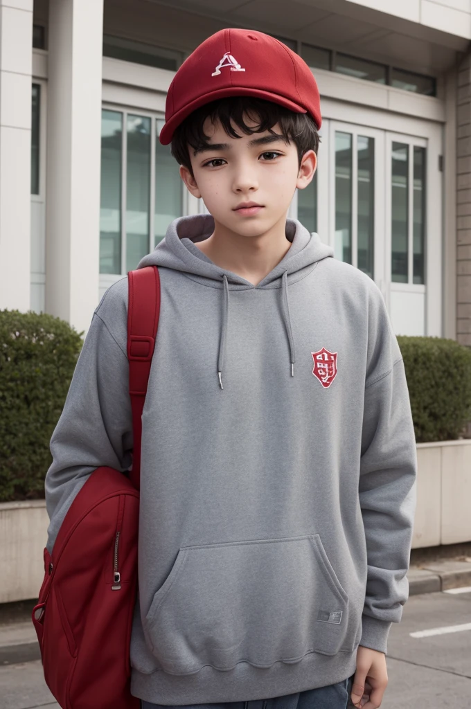 a young autistic man, with a red cap and gray sweatshirt, in front of a public school.