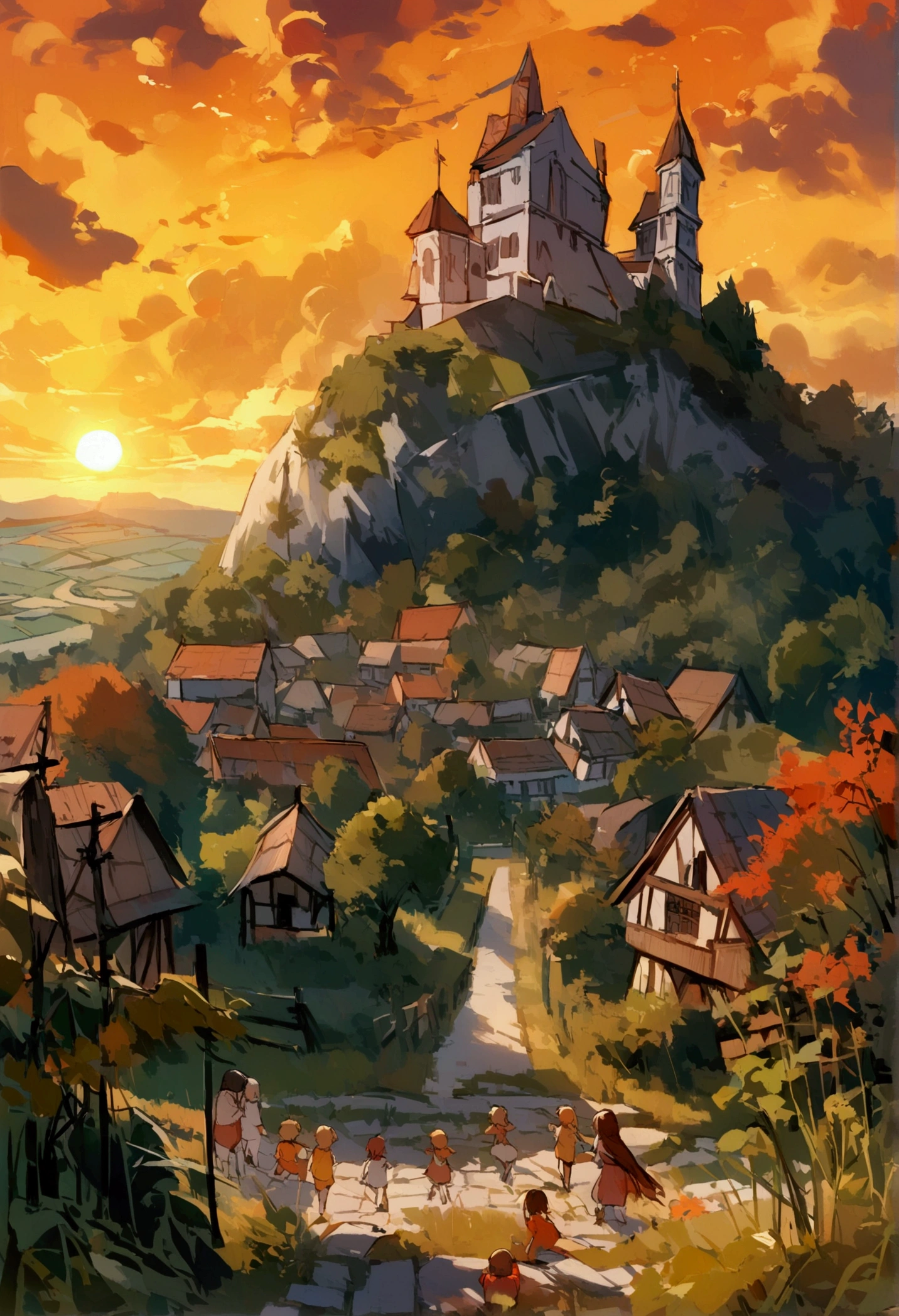 A view of an old medieval orphanage located on top of a small hill overlooking a small village surrounded by fields and farms, under an orange sunset sky.. In the front yard of the orphanage, children play.