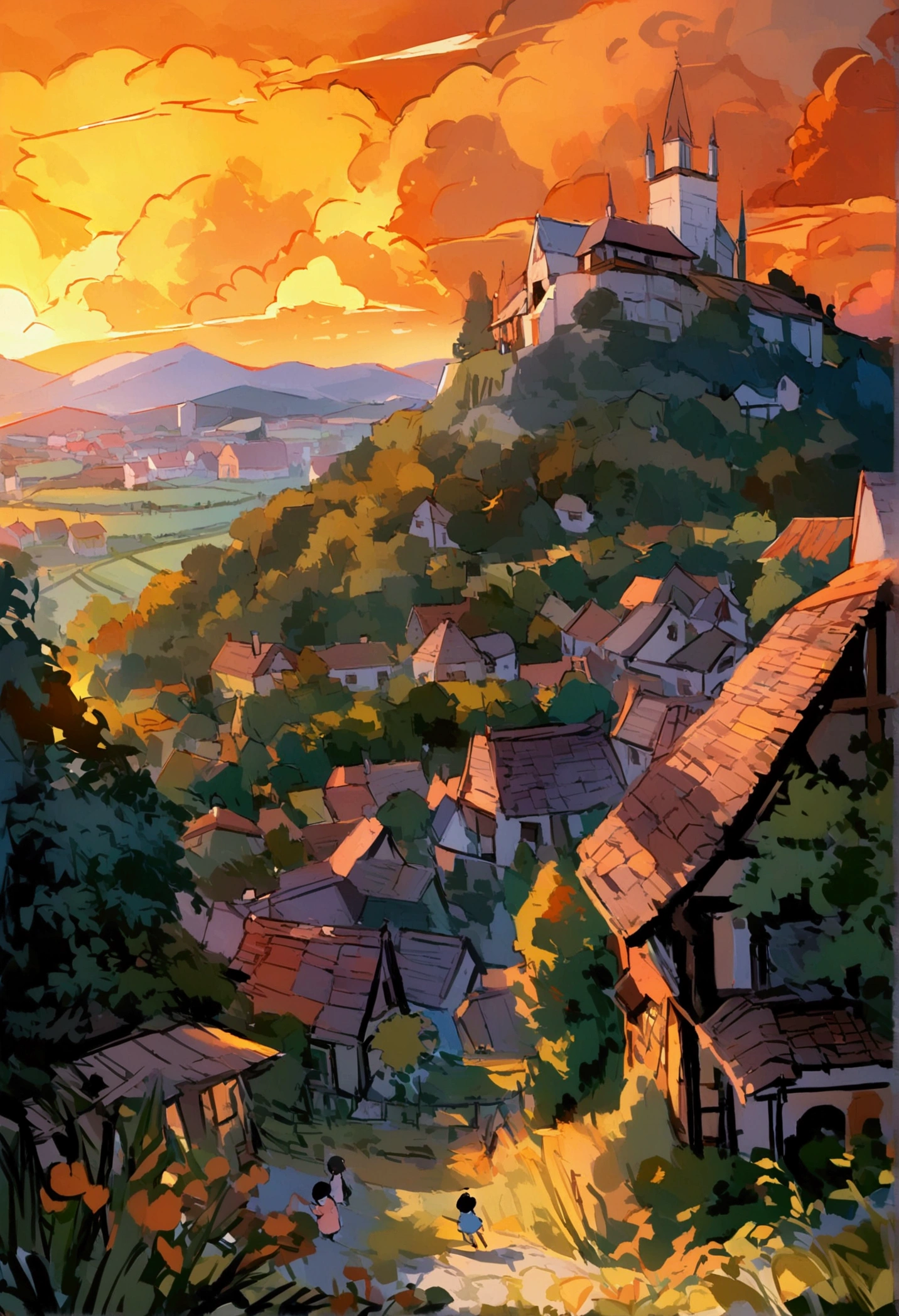 A view of an old medieval orphanage located on top of a small hill overlooking a small village surrounded by fields and farms, under an orange sunset sky.. In the front yard of the orphanage, children play.