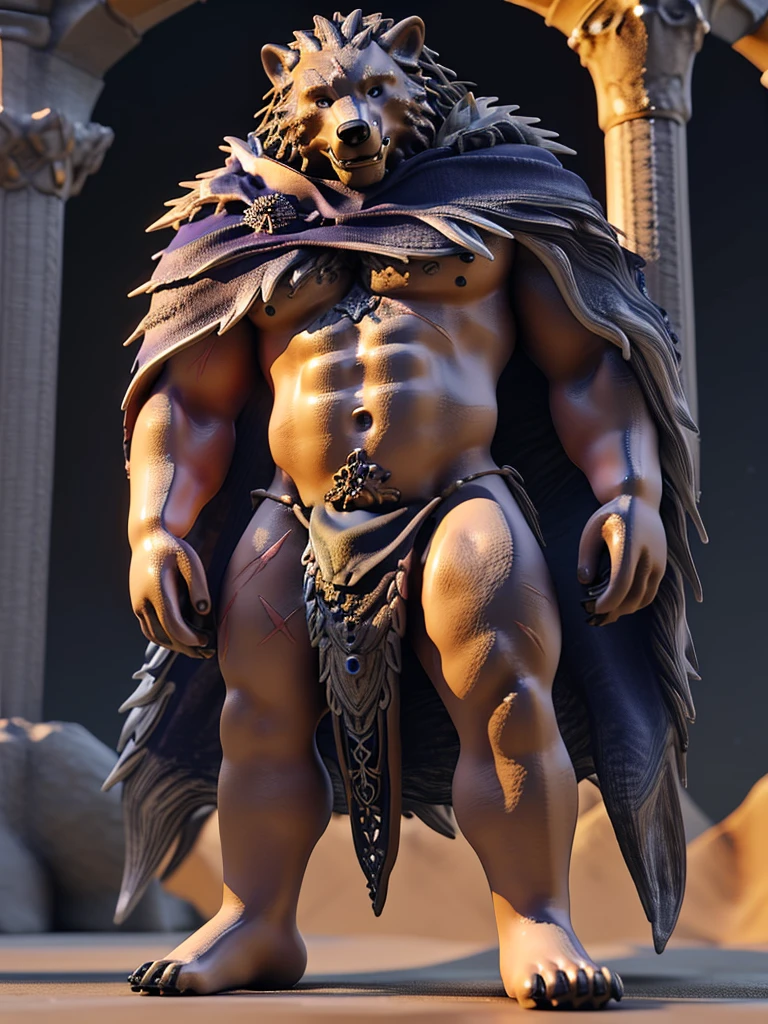 ((Blaidd ((Elden Ring)))), white teeth, ((standing)), ((furred body)), dilf, Daddy, father figure, mature male, hunk, pecs, ((crotch focus)), ((no background)), ((very detailed lighting)), ((very detailed paws)), ((well made paws)), ((very detailed crotch)), ((very detailed fur texture)), ((very detailed)), very high resolution, very high quality, ((3d model)), ((Blender SFM)), ((very detailed 3d model)), ((3d figure)), ((very detailed body)), ((very well made 3d model)), ((dynamic lighting)), ((very detailed loincloth)), ((very detailed bulge)), ((very detailed fur cloak)), ((very detailed scar))