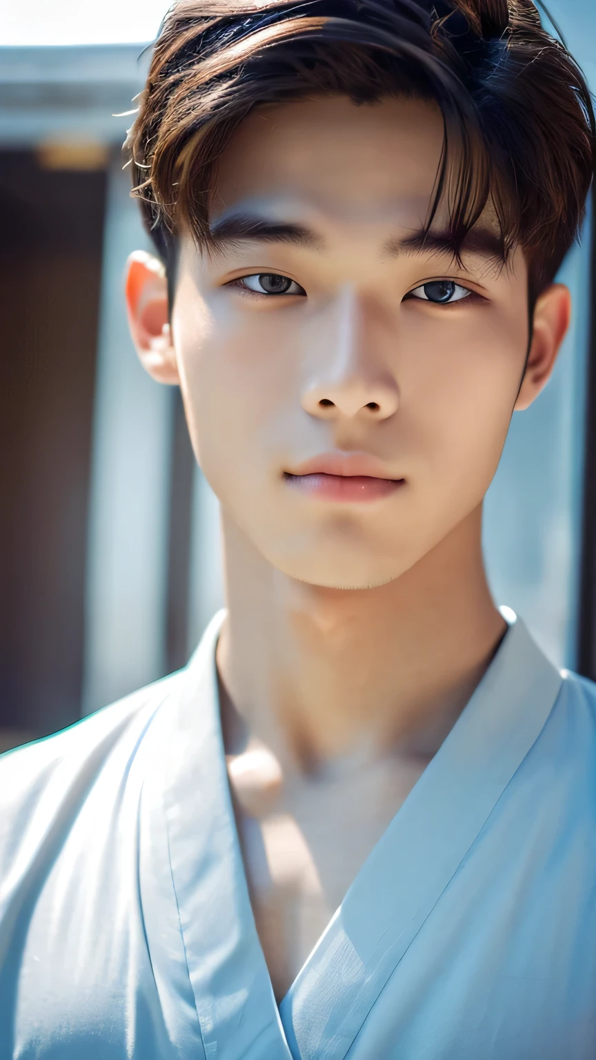 Highest quality, masterpiece, Ultra-high resolution, (Realistic: 1.4), Original photo, wallpaper, Head Photo, skin, Simple Background, Iris, detailed, Selfie, 1 boy, 18-year-old, good looking, Wind,kimono