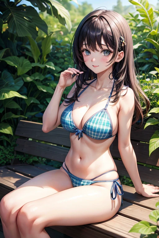 Make a girl in a bikini sitting in a garden