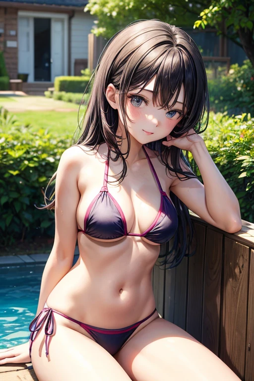 Make a girl in a bikini sitting in a garden