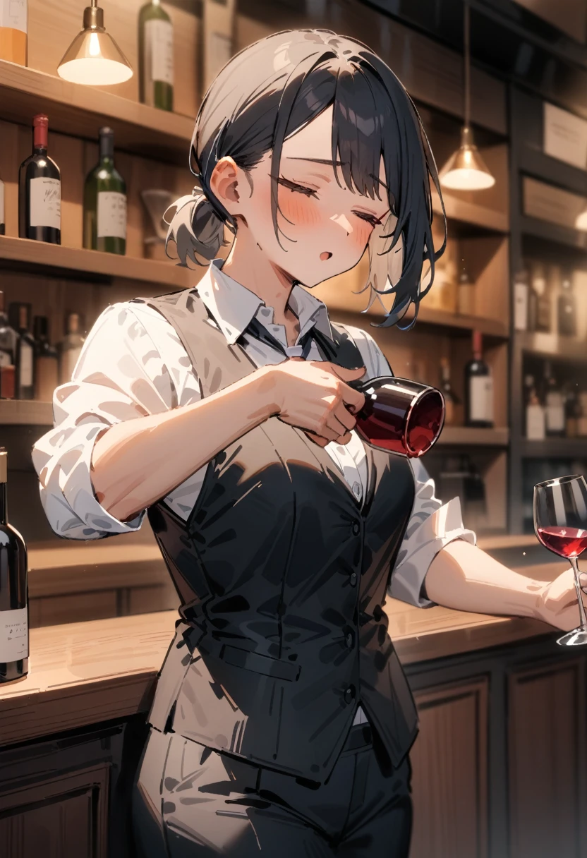 masterpiece, best quality, very aesthetic, absurdres, newest, asymmetrical bangs, tareme, 1girl, solo, short hair, shirt, black hair, holding, closed eyes, white shirt, female focus, collared shirt, pants, indoors, blurry, vest, cup, short ponytail, bottle, holding cup, beard, alcohol, sleeves rolled up, drinking glass, black vest, wine glass, shelf, waistcoat, pouring, bar \(place\), counter, bartender
