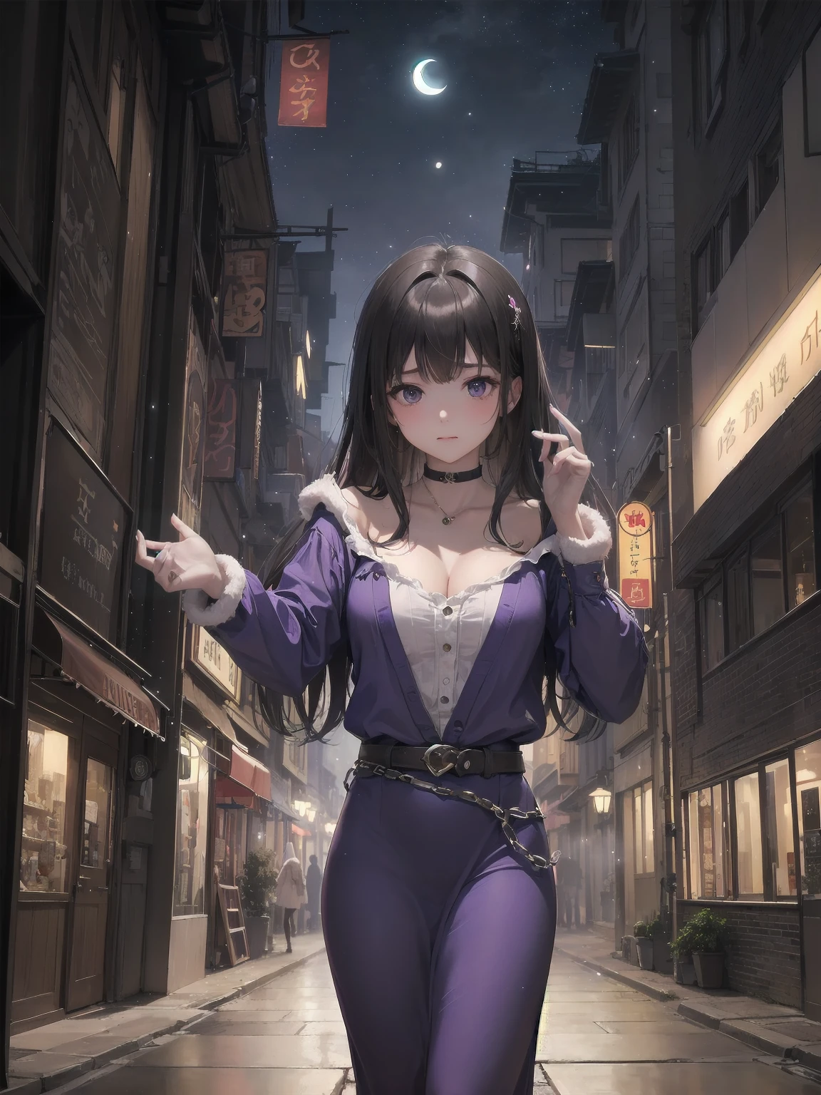 masterpiece, 8k, Highest quality, Very detailed, Purple & A beautiful girl in a blue magical robe with a moon motif、Close-up on the characters、(building, city、A dense fog of fluorescent particles、１８００Era、Western style、Fiction、grow、Overwhelming、Detailed street）、A beautiful girl with a beautiful background and a super cute pose