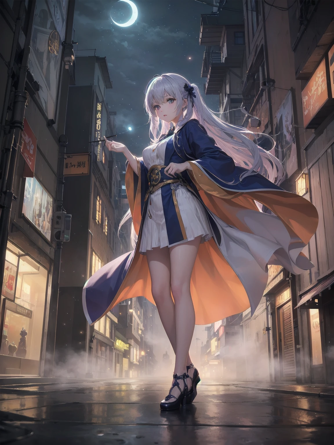 masterpiece, 8k, Highest quality, Very detailed, Purple & A beautiful girl in a blue magical robe with a moon motif、Close-up on the characters、(building, city、A dense fog of fluorescent particles、1800Era、Western style、Fiction、grow、Overwhelming、Detailed street)、A beautiful girl with a beautiful background and a super cute pose