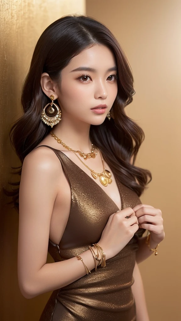 Japanese girl, ((A woman with a chocolate-inspired appearance and attire. She has rich, dark brown hair styled in soft, flowing waves, reminiscent of melted chocolate. Her skin has a warm, smooth, cocoa-like complexion. She is wearing a luxurious, form-fitting dress in a deep chocolate brown color, with elegant, silky textures and subtle sheen, similar to the surface of fine chocolate. Her accessories, such as earrings and a necklace, feature gold accents to complement the richness of her chocolate-themed look. The background is a sophisticated, warm-toned setting, perhaps with hints of cocoa beans or chocolate bars subtly integrated into the design.))