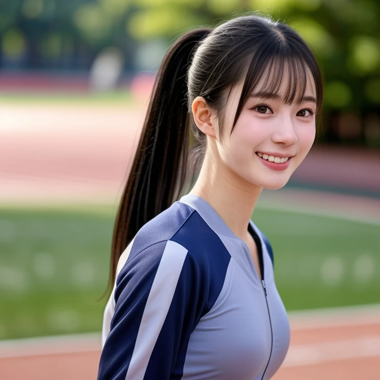 (kawaii 18 year-old Japanese girl, Nogizaka idol, Korean idol, track and field player), healthy female athlete body, (glossy black hair, high ponytail, bangs:1.2), beautiful black eyes, rounded face, single eyelid, (no makeup:1.2), (big laughing), (light pink track jacket, gray sports leggins:1.2), extra small breasts, BREAK, (park background, turf, summer, sunny daytime:1.2), (dynamic angle, bust shot:1.2), BREAK, (masterpiece, best quality, photo realistic, official art:1.4), (UHD, 8K quality wallpaper, high resolution, raw photo, golden ratio:1.3), (shiny skin), professional lighting, physically based rendering, award winning, (highly detailed skin texture, extremely detailed face and eyes textures), Carl Zeiss 300 mm F/2.8, depth of field, (1girl, solo),