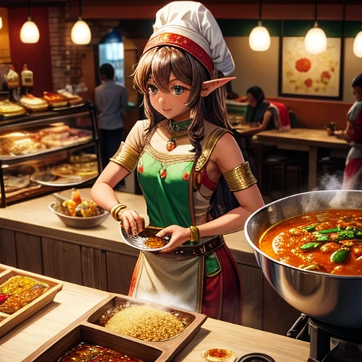 A brown-skinned elf making curry at a curry restaurant　Fantasy Stall