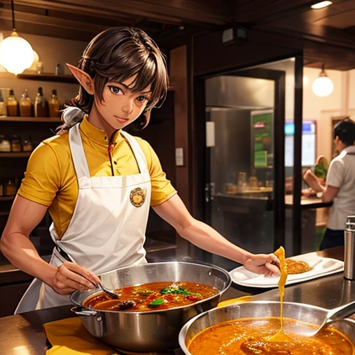A brown-skinned elf making curry at a curry restaurant Fantasy Stall