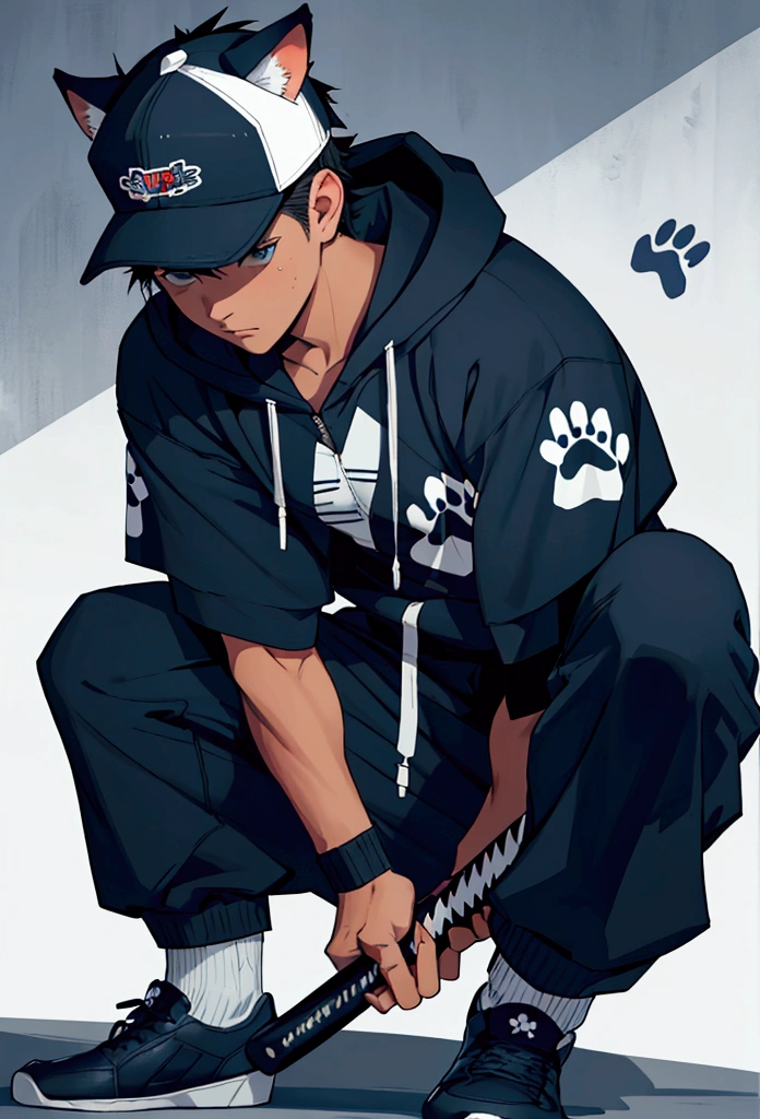 a teen boy with spiky short black hair. He is wearing a blue onesie, with details like a hood with animal ears and paw print patterns. He wears white socks. throwing a baseball, night bedroom background with a baseball cap and a baseball bat.