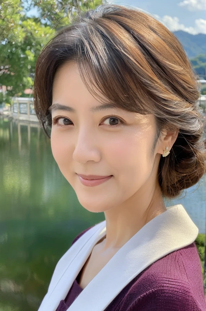((Highest quality)), ((masterpiece)), (detailed),Perfect Face,Japanese,landscape,Mature Woman,Upper Body