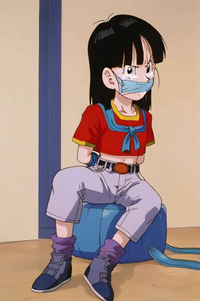 source_anime, score_9, score_8_up, score_7_up, anime screencap,8k, absurd res, pan \(dragon ball\), 1girl, solo, short hair, bangs, black hair, full body, short sleeves, sneakers, black gloves, gold trim, loose socks, belt, , black footwear, black eyes, chain, denim, red shirt, orange bandana, retro artstyle, female , grey pants, fanny pack, purple legwear, shoe soles, v-shaped eyebrows, midriff, collarbone, 1990s \(style\) anime coloring, tape gag, panic expression, struggling, white cloth blindfold over eyes, timebomb in background, white blindfolded, extreme panic expression, shibari on legs, shibari on top, hands behind back, abandoned warehouse background, on knees, hogtied, shibari ropes, white cloth cleave gag, white cloth blindfold, crying