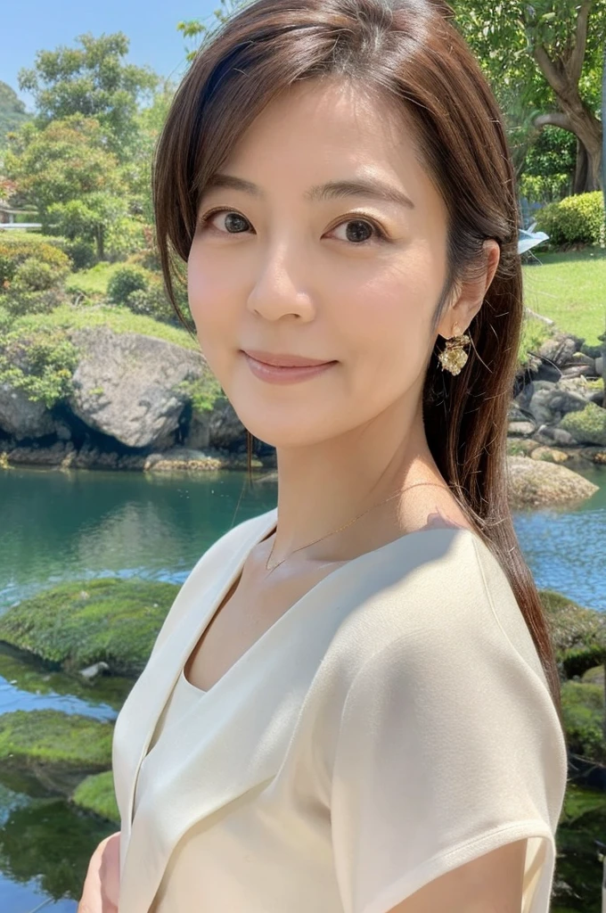 ((Highest quality)), ((masterpiece)), (detailed),Perfect Face,Japanese,landscape,Mature Woman,Upper Body