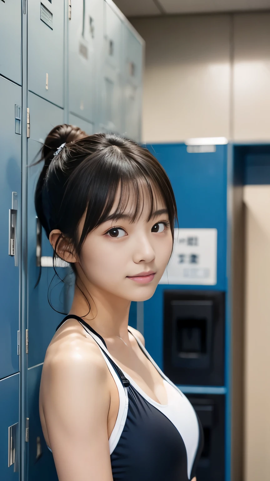 [super high quality,Masterpiece,High definition],((Japanese,woman,Super Beauty,cute,,No makeup,Smile slightly)),(Black Hair,Short Hair,Her hair is tied up and put up in a ponytail),(seven-headed body,Model body type,Beautiful Skin),(Light blue swimsuit,Wearing a one-piece competitive swimsuit),locker room,locker roomのベンチに座っている,Out-of-focus background