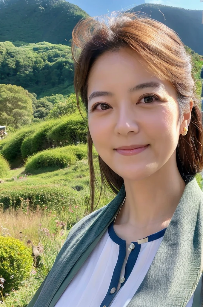 ((Highest quality)), ((masterpiece)), (detailed),Perfect Face,Japanese,landscape,Mature Woman,Upper Body