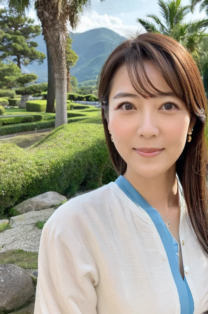 ((Highest quality)), ((masterpiece)), (detailed),Perfect Face,Japanese,landscape,Mature Woman,Upper Body