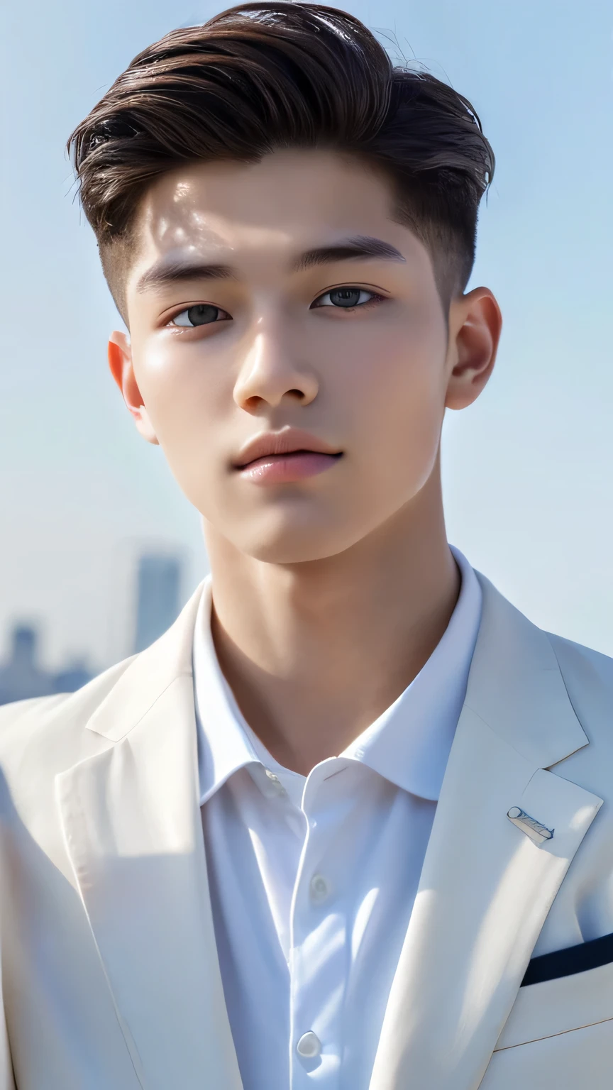 Highest quality, masterpiece, Ultra-high resolution, (Realistic: 1.4), Original photo, wallpaper, Head Photo, skin, Simple Background, Iris, detailed, Selfie, 1 boy, 18-year-old, good looking, Wind,White suit