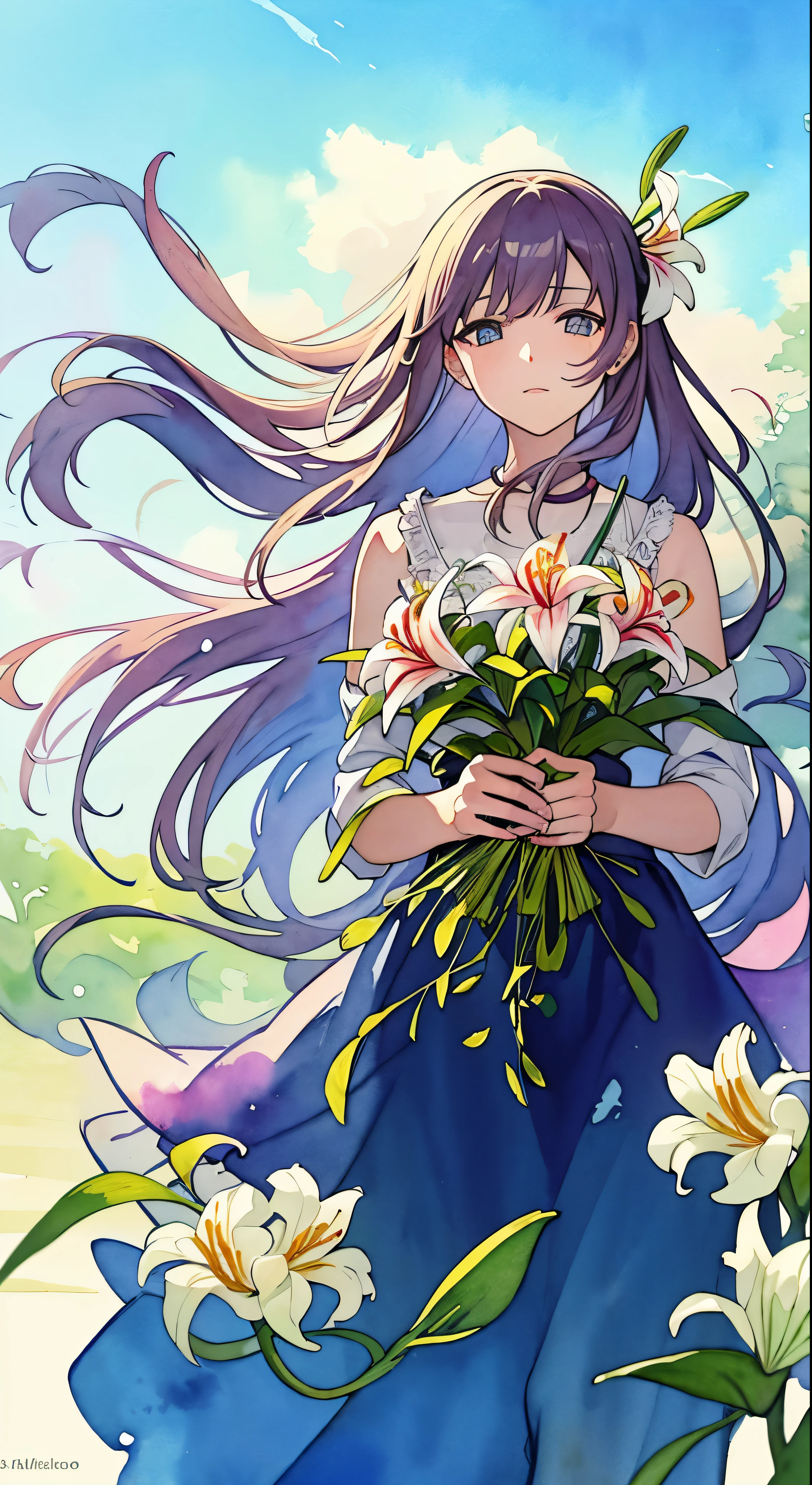 wtrcolor style, digital art of (lilies), official art, blown by the wind, masterpiece, beautiful, ((watercolor)), paint splatter, intricate details. Great detail, [dripping:0.5], trending on Artstation, Rachel Walker