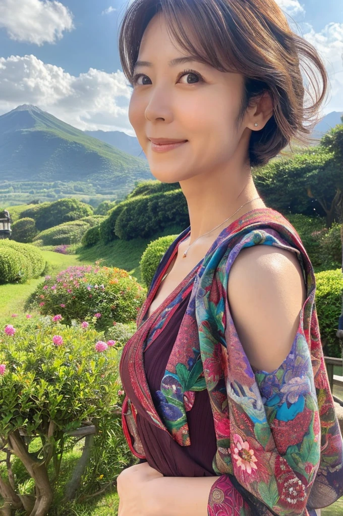 ((Highest quality)), ((masterpiece)), (detailed),Perfect Face,Japanese,landscape,Mature Woman,Upper Body