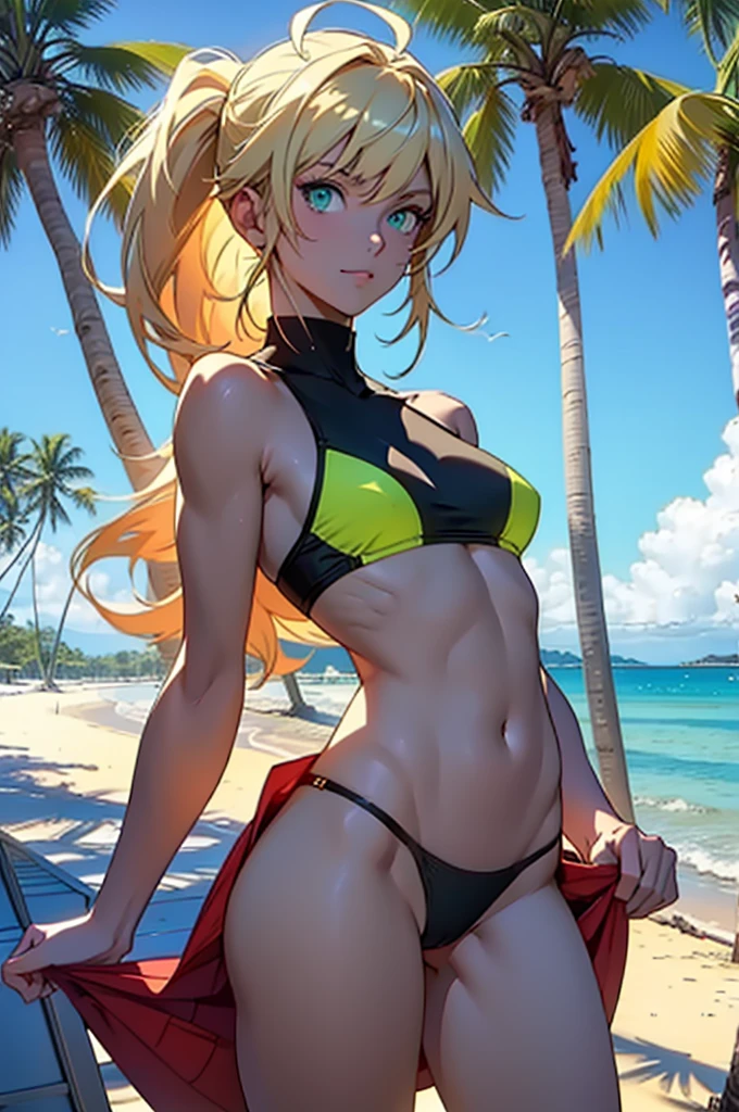 masterpiece, rich colors, Best quality, detailed, high resolution, Hyper quality, high detail, , high quality, detailing, skinny sexy girl on the beach , bright lighting , green eyes, anime, palm trees, bright lighting,