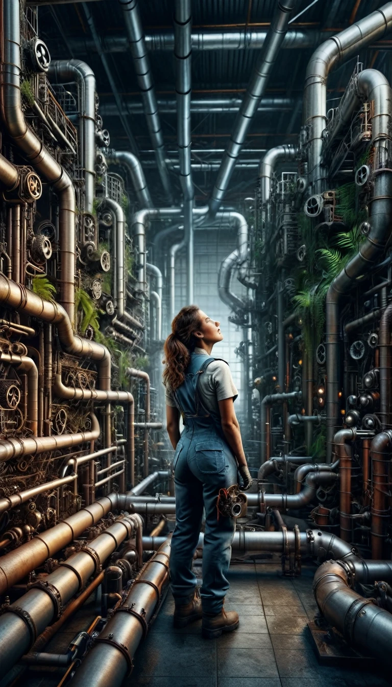 pipe jungle, industrial pipes, architecture made up of pipes and valves, tubular creature, vertical wallpaper, Huge maze of pipes spread highly inside the factory, steam blowing out, A female worker holding toolbox is looking up, POV, in the glow of soft, cinematic light