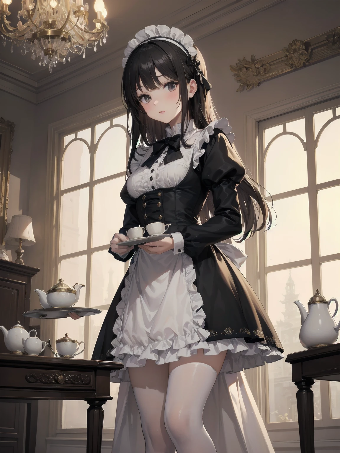 Illustration of a beautiful girl in a cute pose,(Masterpiece: 1.2), (Best quality: 1.2), A cute girl with long black hair, dressed in a classic black and white maid outfit with frilly lace and a matching headband, is standing in a beautifully decorated Victorian-style parlor. She is holding a silver tray with a teapot and teacup, her expression a mix of professionalism and warmth. The background includes ornate furniture, a chandelier, and large windows with heavy drapes, all bathed in soft afternoon light. This illustration emphasizes the elegant and welcoming atmosphere of a high-class tea service