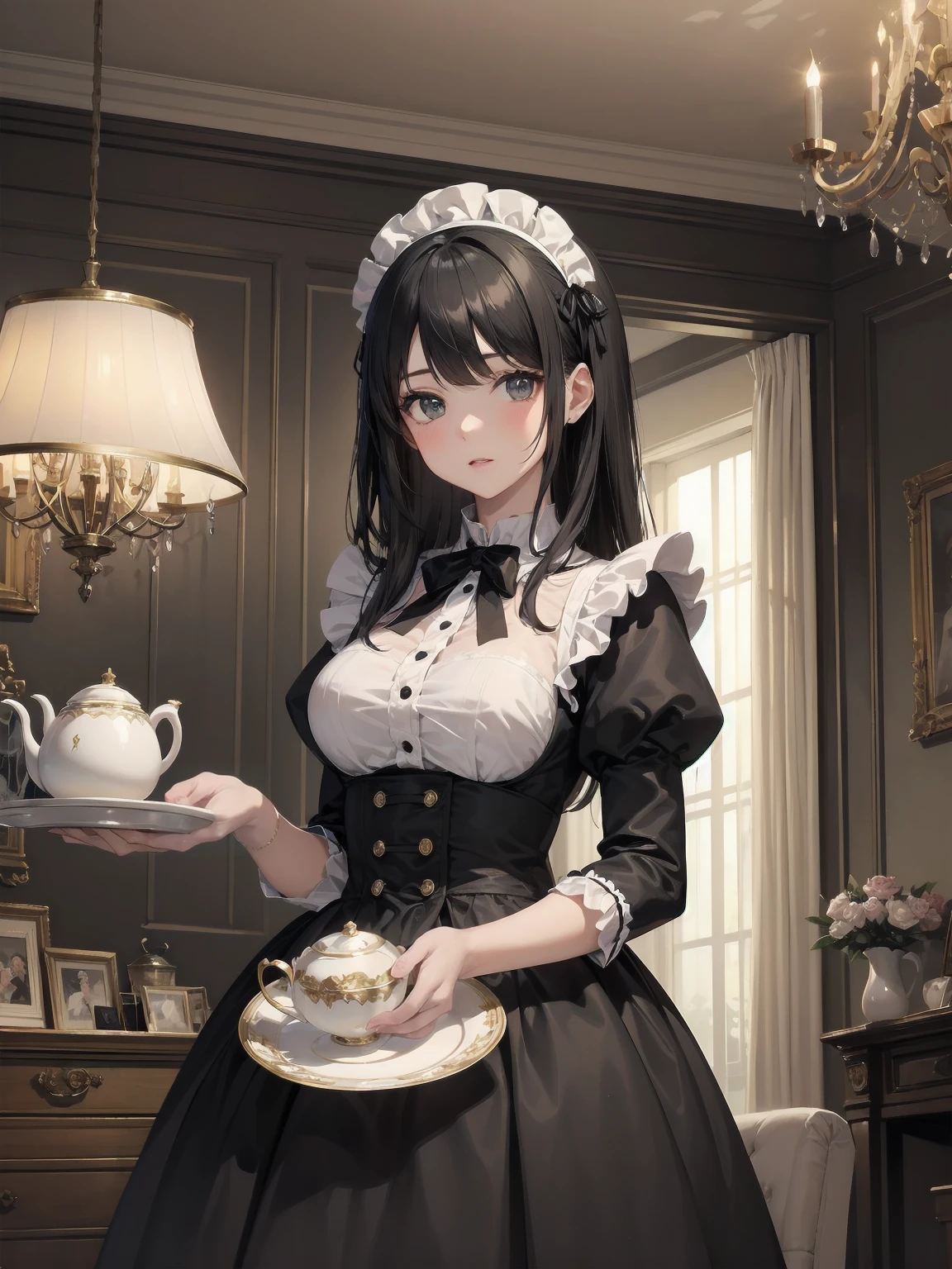 Illustration of a beautiful girl in a cute pose,(Masterpiece: 1.2), (Best quality: 1.2), A cute girl with long black hair, dressed in a classic black and white maid outfit with frilly lace and a matching headband, is standing in a beautifully decorated Victorian-style parlor. She is holding a silver tray with a teapot and teacup, her expression a mix of professionalism and warmth. The background includes ornate furniture, a chandelier, and large windows with heavy drapes, all bathed in soft afternoon light. This illustration emphasizes the elegant and welcoming atmosphere of a high-class tea service