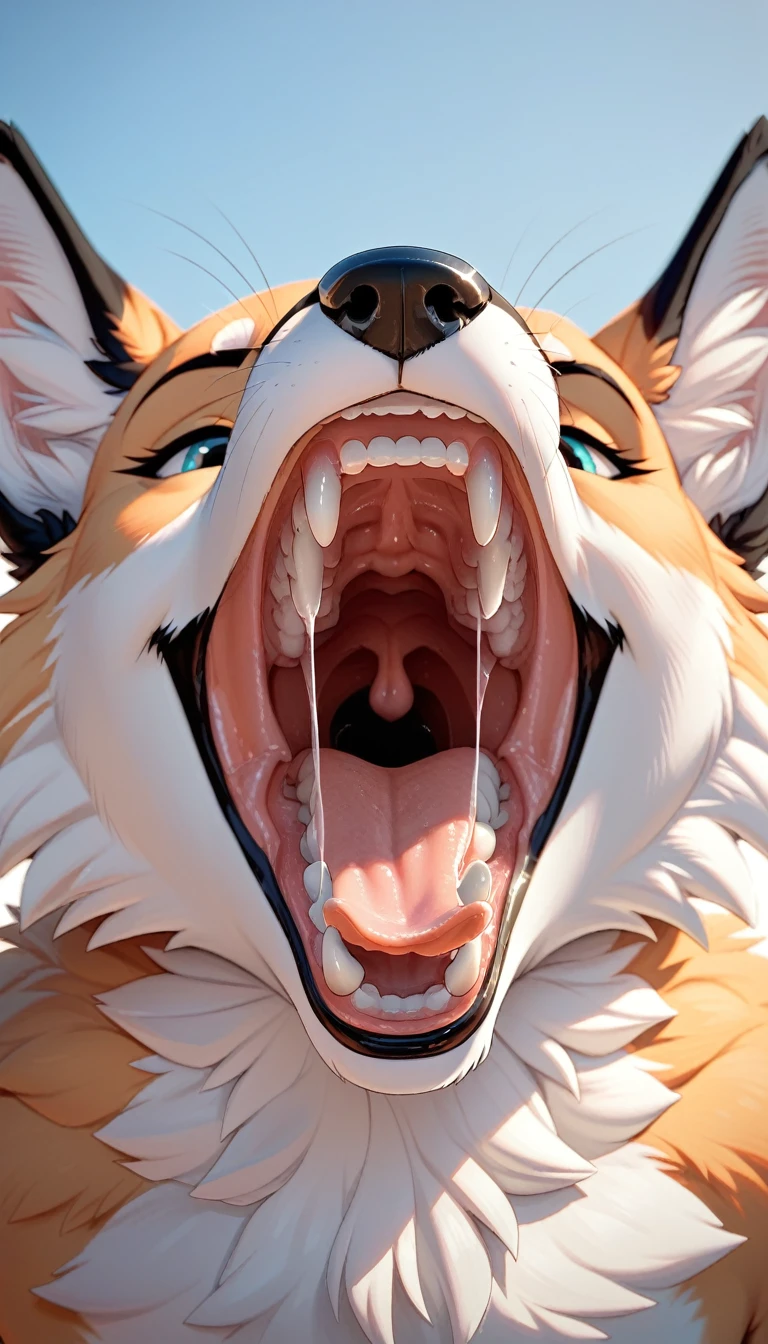 furry fox mouth wide open with teeth close up 