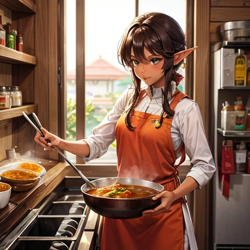 A brown-skinned elf making curry at a curry restaurant　Fantasy Stall