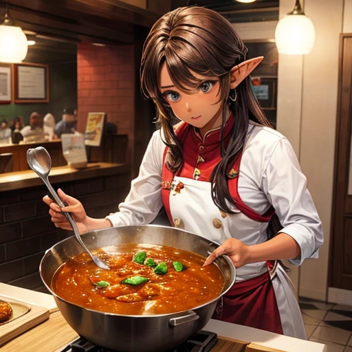 A brown-skinned elf making curry at a curry restaurant Fantasy Stall