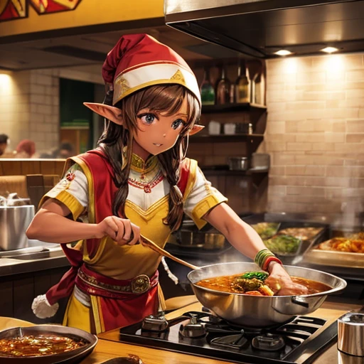 A brown-skinned elf making curry at a curry restaurant Fantasy Stall